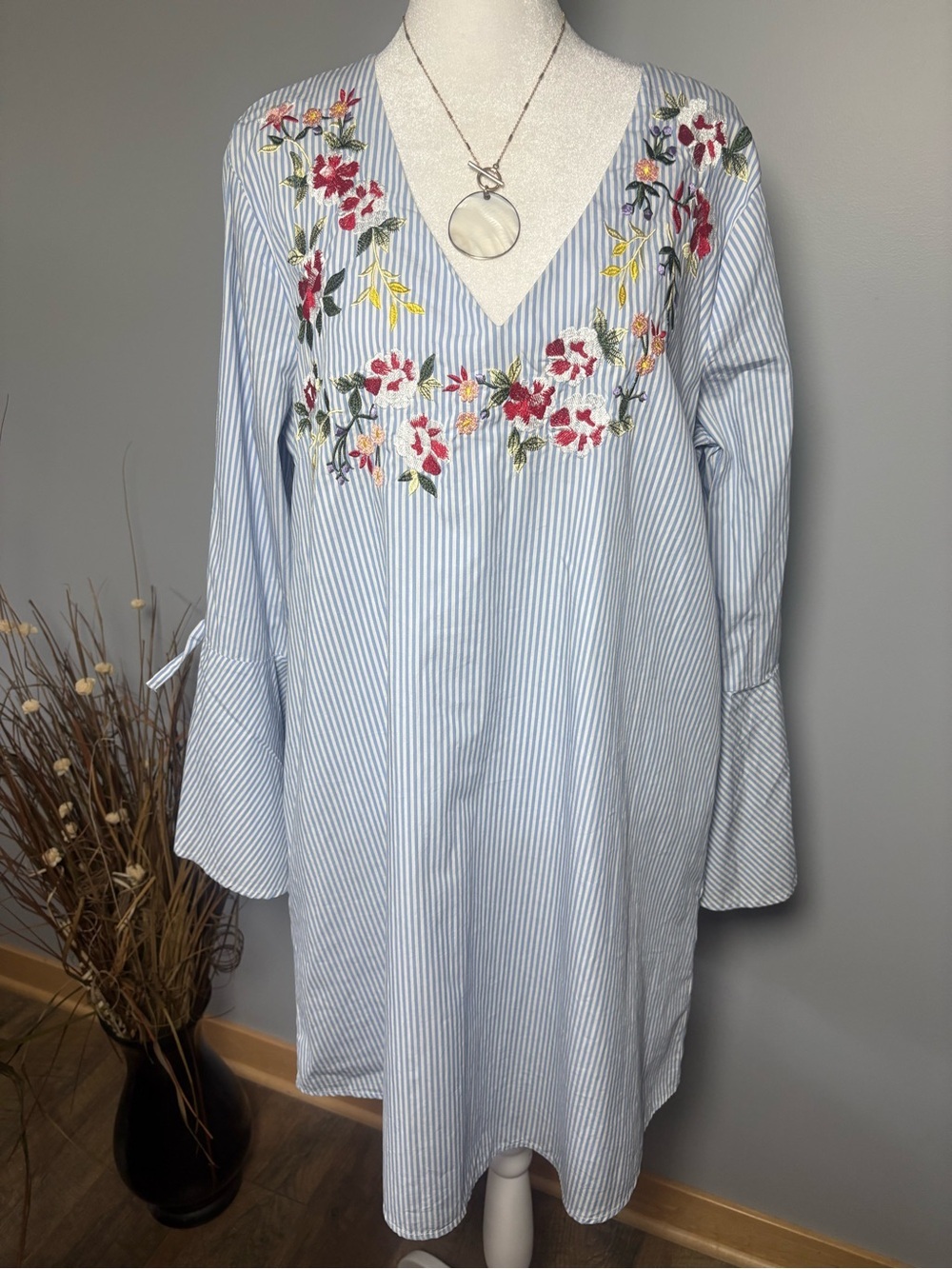 Spense Blue Stripe Embroidered Cotton Tunic Dress Size 14 Boho
